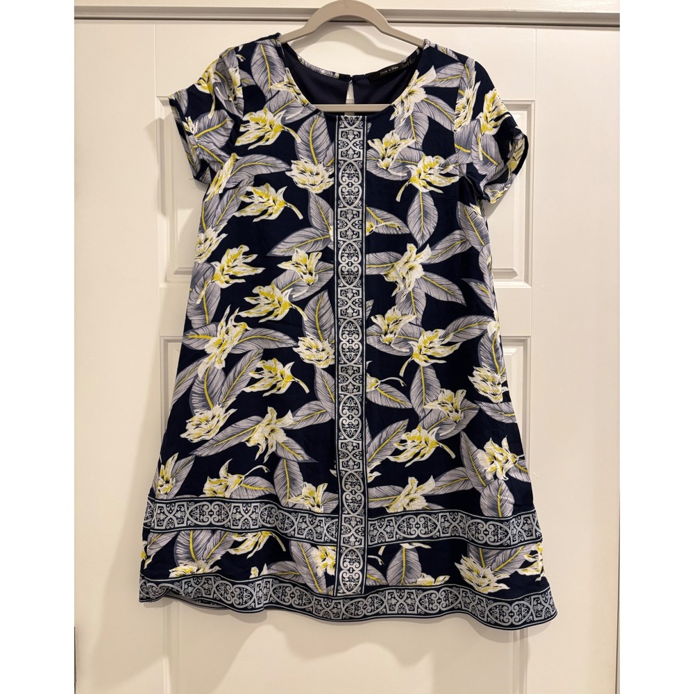 Doe & Rae Navy Blue Tropical Floral Border Print Shift Dress Small S 22735D